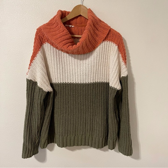 easel Sweaters - Easel Chenille Turtleneck Oversized Sweater Colorblock Coral Moss Green Ivory-S